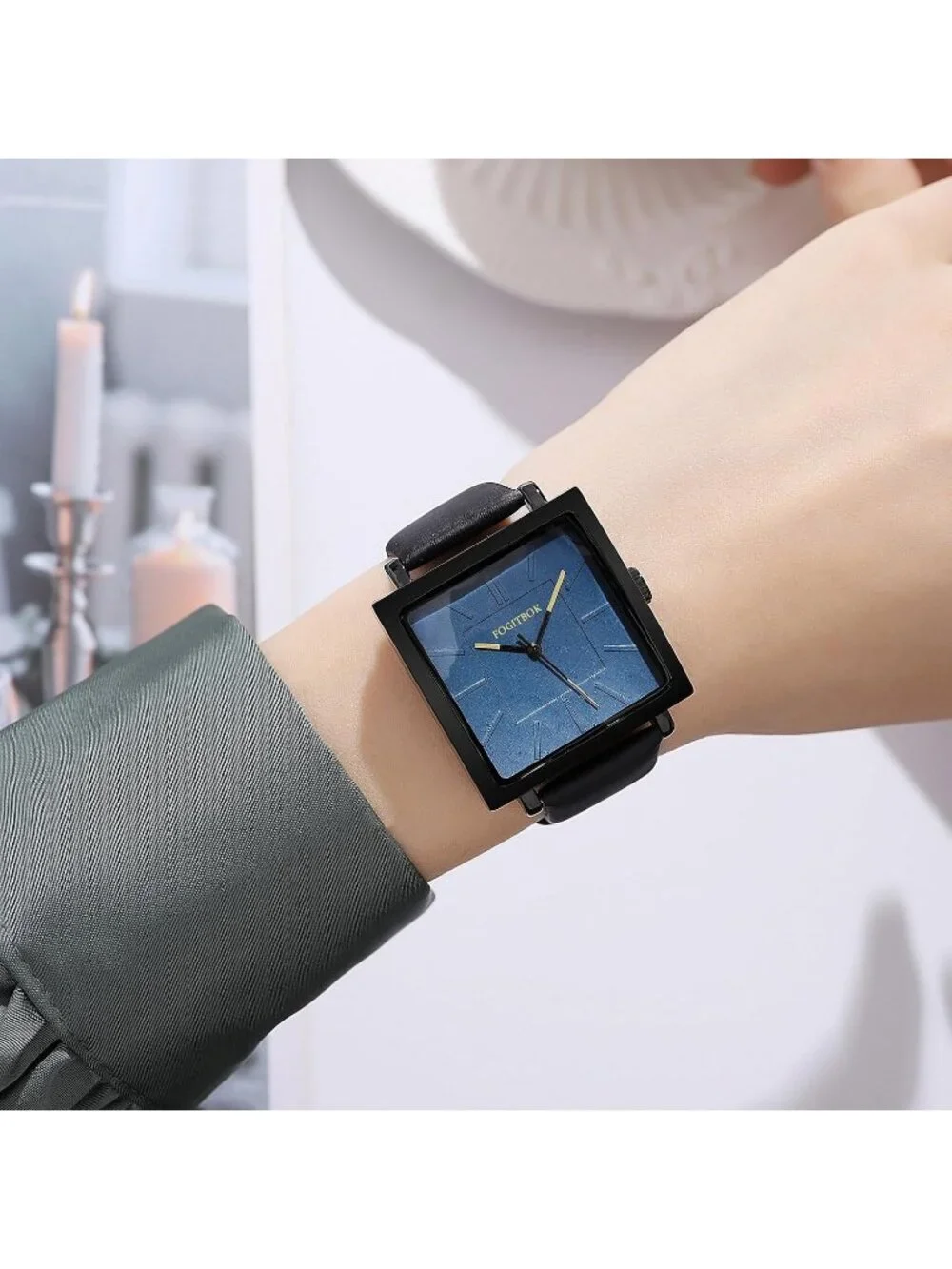 Women's Blue Waterproof Leather Band Thin Design Classic Quartz Wrist Watch